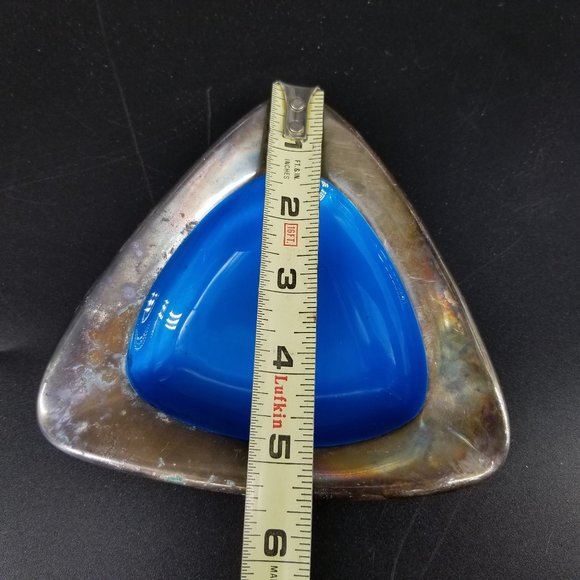 Reed Barton Ashtray Trinket Dish Blue Enamel Silver Plate Triangle Patina 5.50" - Picture 7 of 9